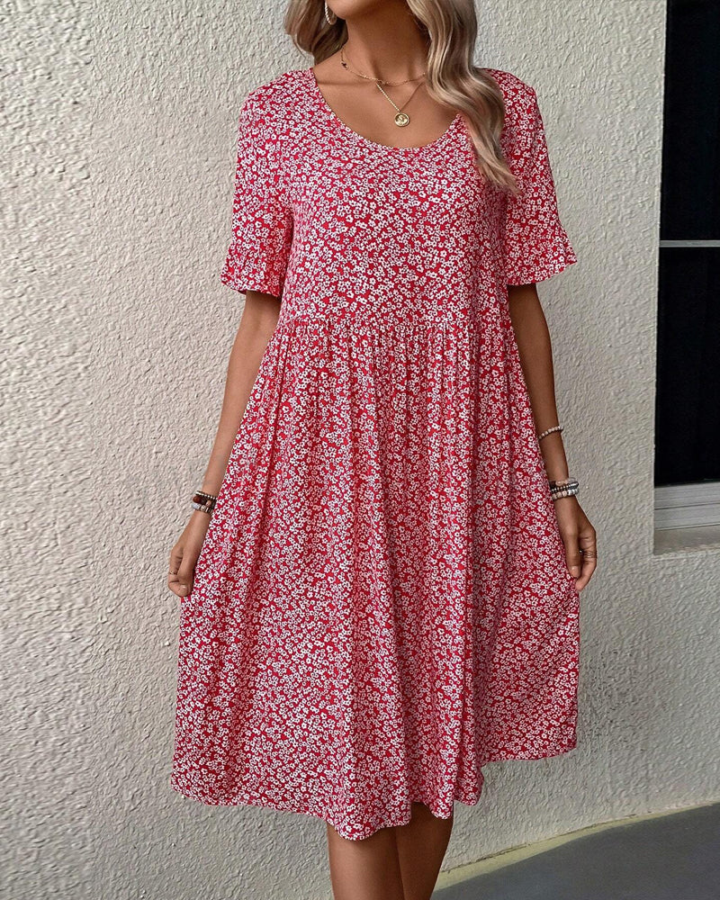 Sue Aesthetic Round Neck Dress with Floral Print Designer Edit