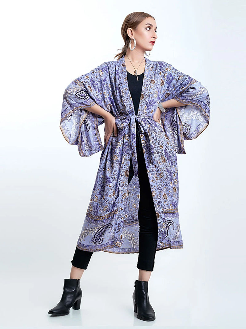 Purple Paisley Floral Print Belted Long Length Kimono Robe