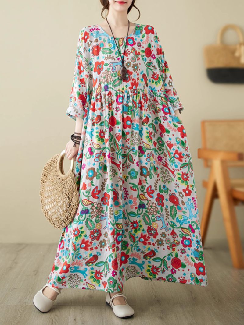 Round Neck Floral Print Long Sleeve Pleated Loose Smock Maxi Dress