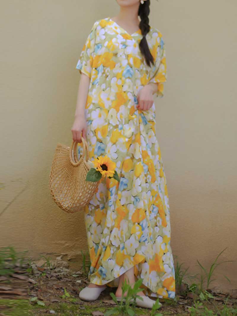 Cotton Yellow Floral Print Kaftan Dress