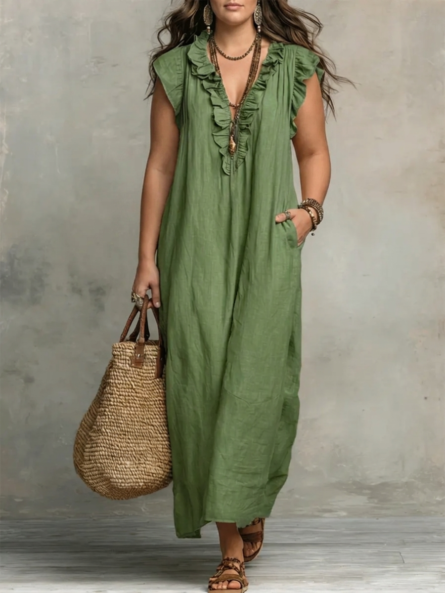 Ruffle V-Neck Flutter Sleeve Linen Relaxed Maxi Dress 4