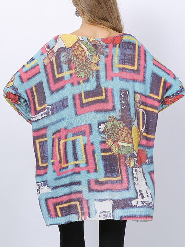 Multi Color Boat Neck Long Sleeve Abstract Geometric Print Knit Sweater 2