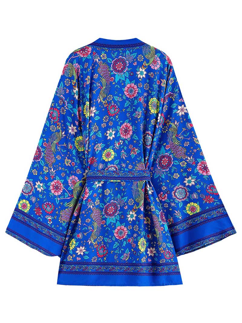 Blue Floral Peacock Print Tie Waist Short Kimono Robe 2