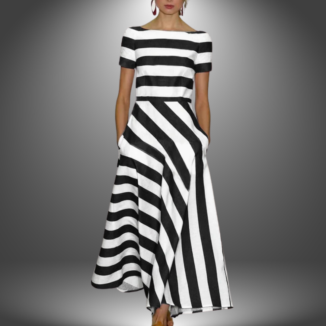 Boat Neck Striped Short Sleeve A-Line Maxi Dress 2