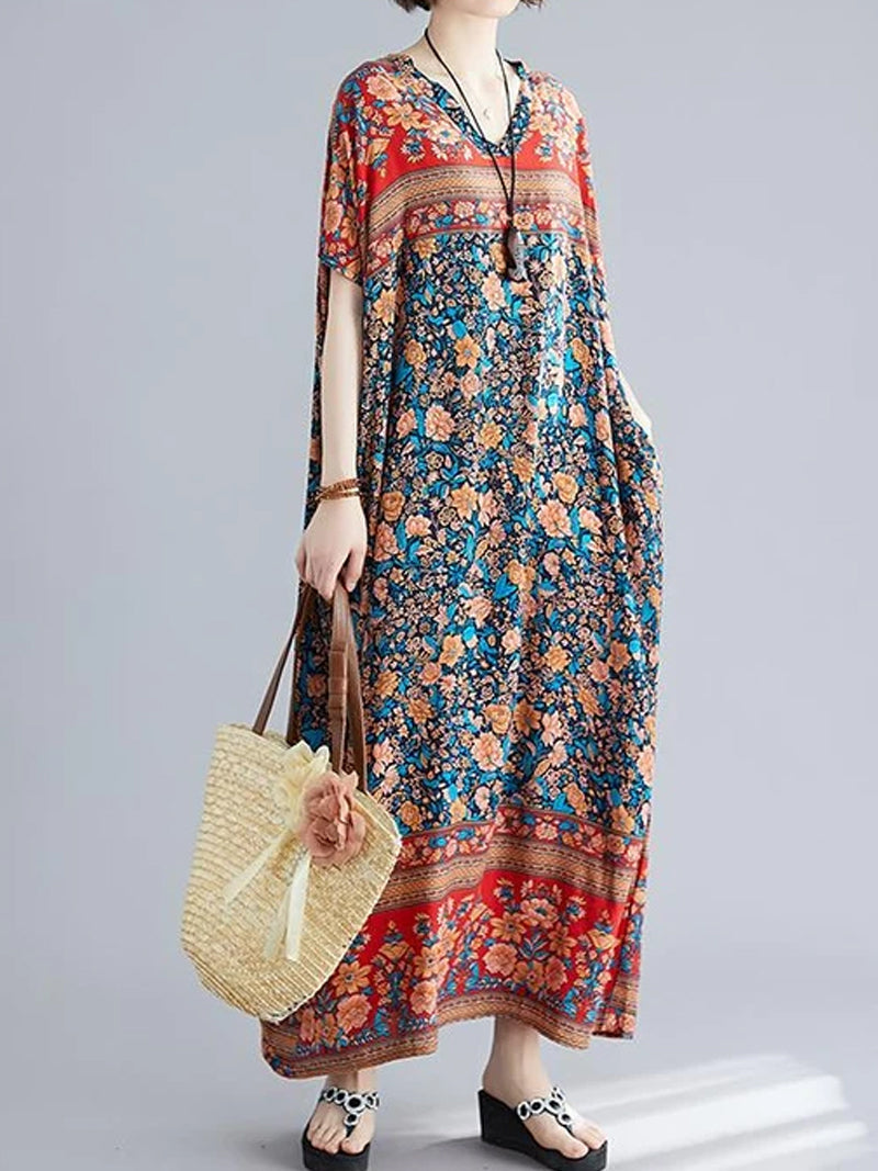 Navy Blue V-Neck Batwing Sleeve Bohemian Floral Print Loose Kaftan Maxi Dress 2
