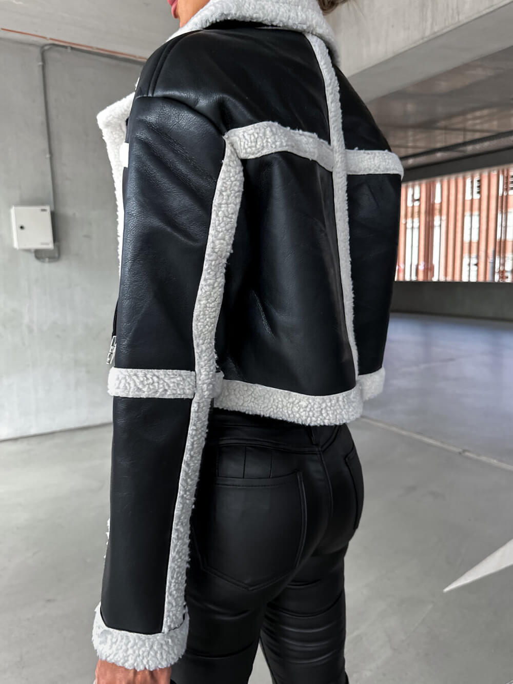 Lapel Collar Faux Shearling Buckle Cropped Moto Jacket 4