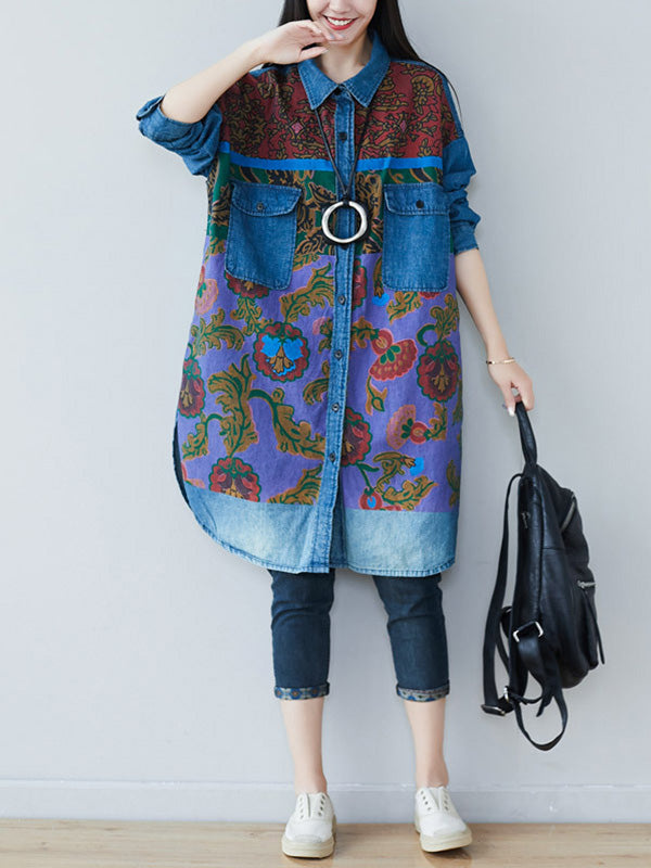 Collared Button Down Floral Print Denim Shirt Midi Dress