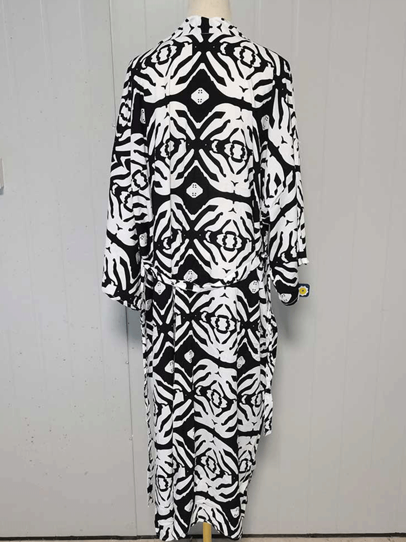 Black+white Abstract Geometric Print Open Front Long Kimono Robe 2