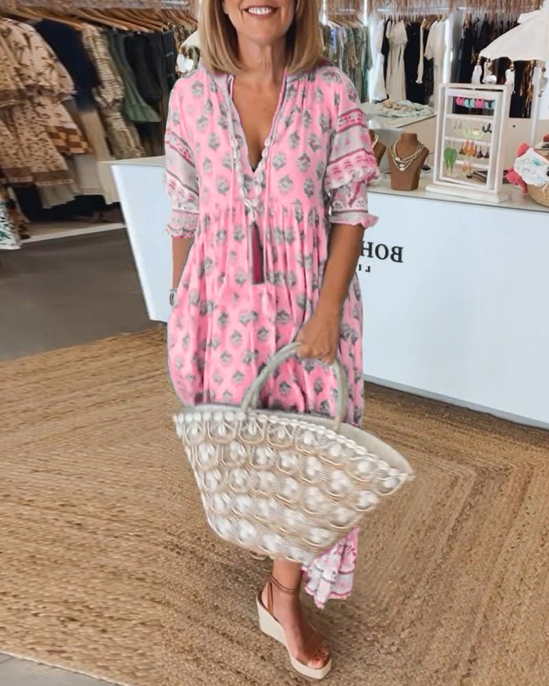 Split V-Neck Boho Border Print Ruffle Sleeve Tiered A-Line Midi Dress