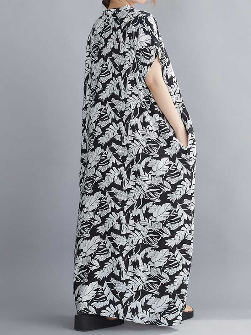 Black V-Neck Short Sleeve Leaf Print Loose Kaftan Maxi Dress 2