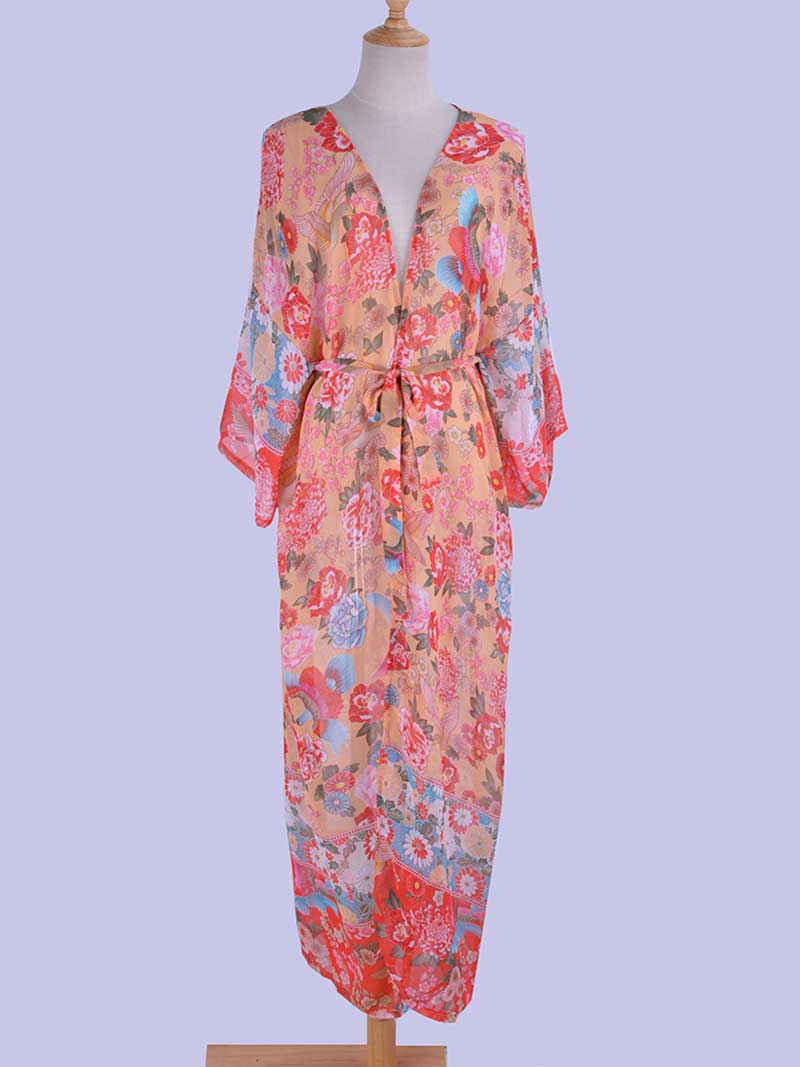 Pink Floral Print Chiffon Tie Waist Long Open Front Kimono