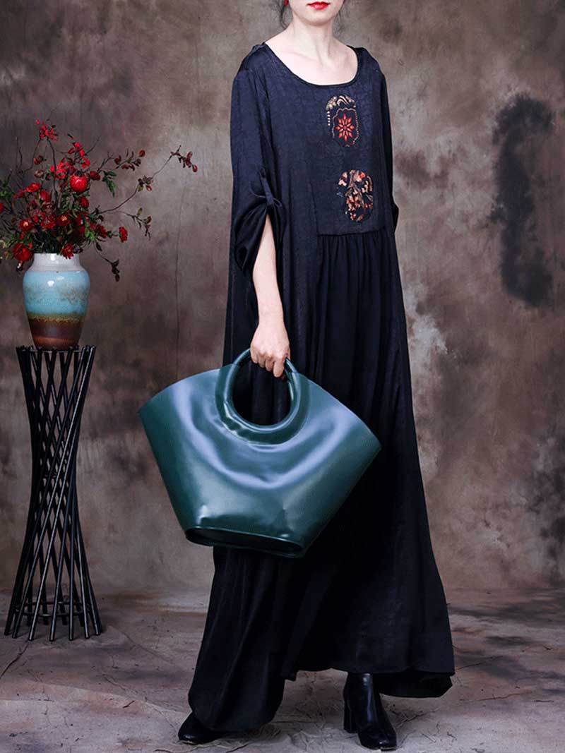 Black Round Neck Floral Embroidered Applique Loose A-Line Maxi Dress 4