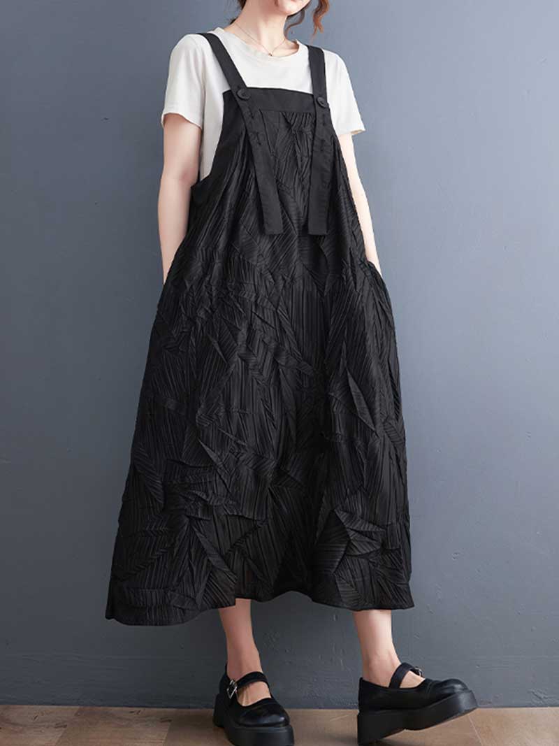 Black Button Strap Textured Leaf Jacquard A-Line Pinafore Midi Dress 3