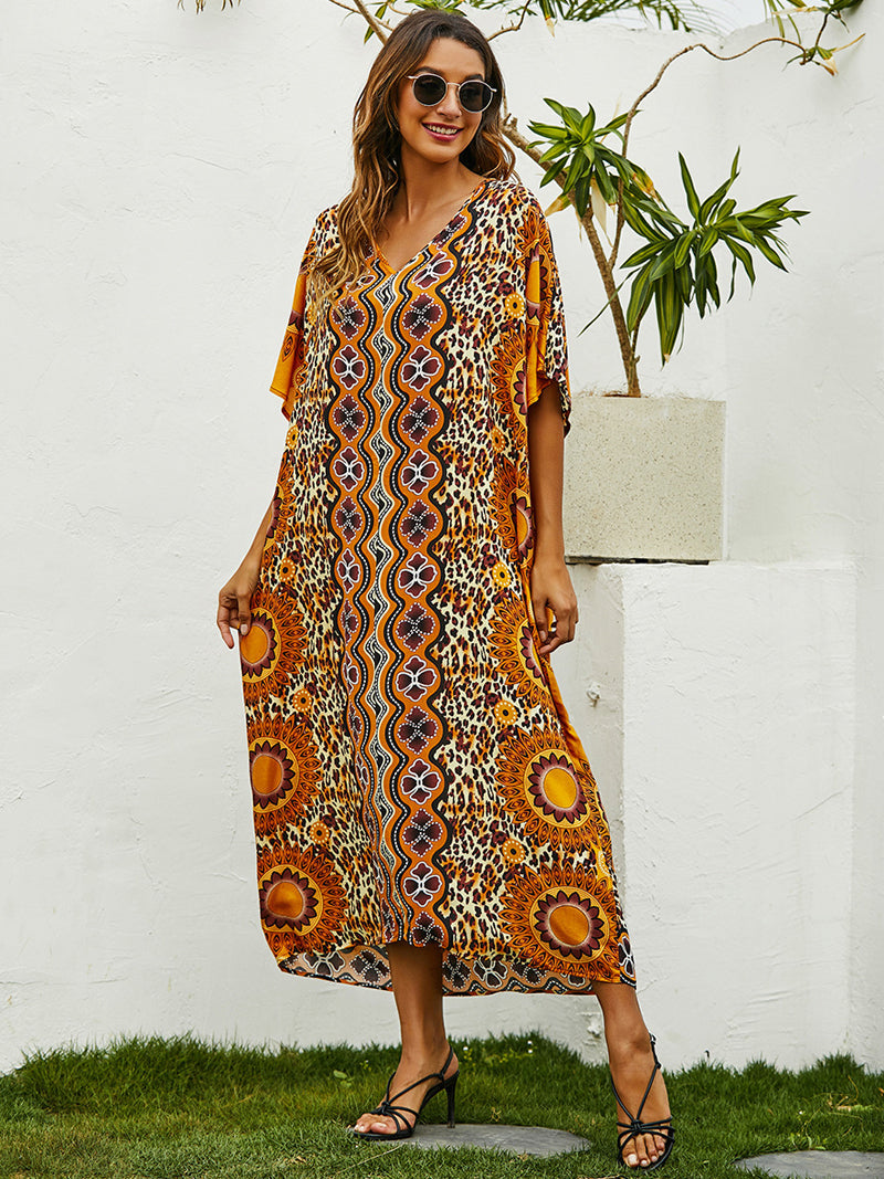 Yellow V-Neck Mandala Leopard Print Batwing Sleeve Kaftan Maxi Dress