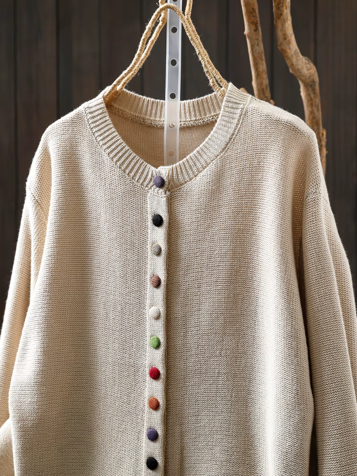 Knit Round Neck Multicolor Button Long Sleeve Cardigan 3