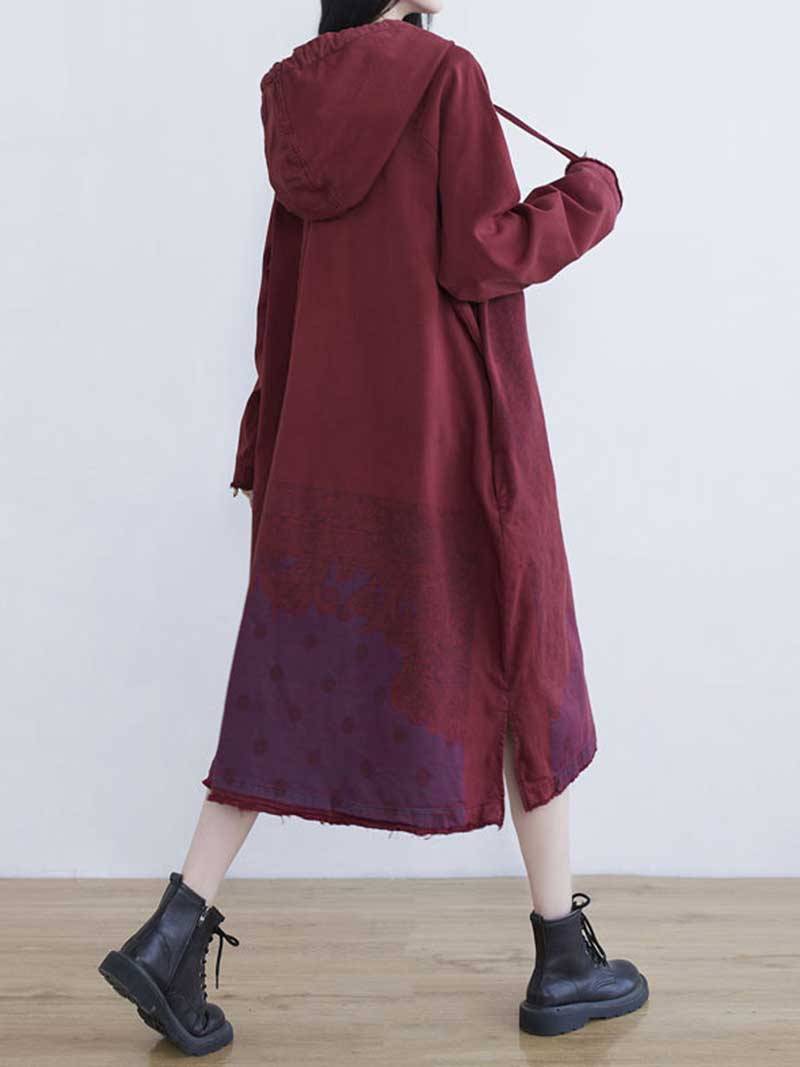 Hooded Long Sleeve Paisley Polka Dot Print Loose Denim Midi Dress 4