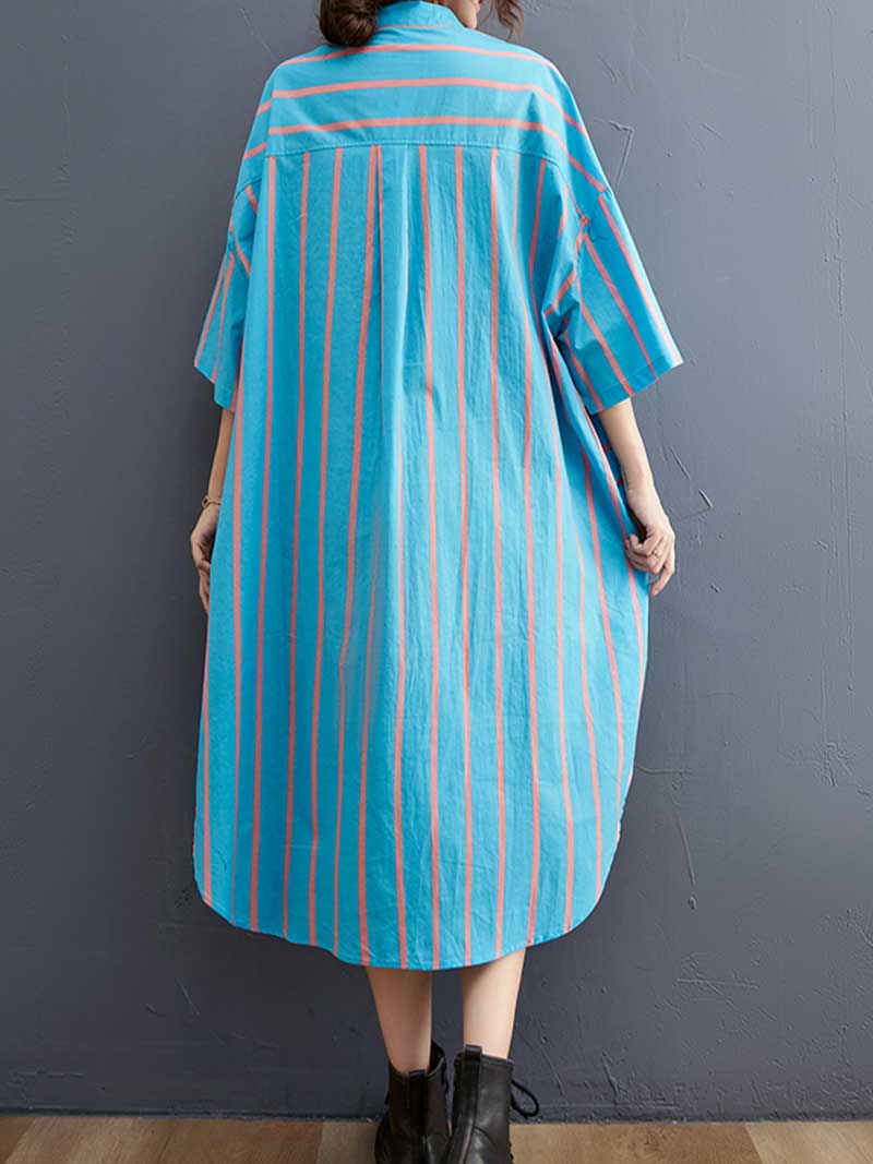 Blue Collared Striped Button-Up High-Low Shirt Midi Dress 2