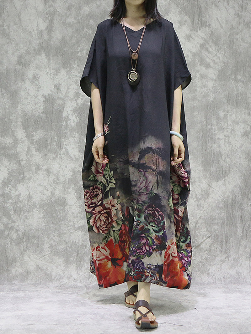 Black V-Neck Batwing Sleeve Floral Peony Print Loose Maxi Dress