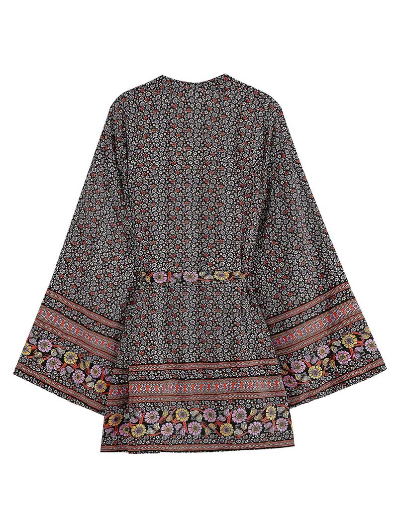 Black Bohemian Floral Border Print Belted Flared Sleeve Short Kimono Robe 2