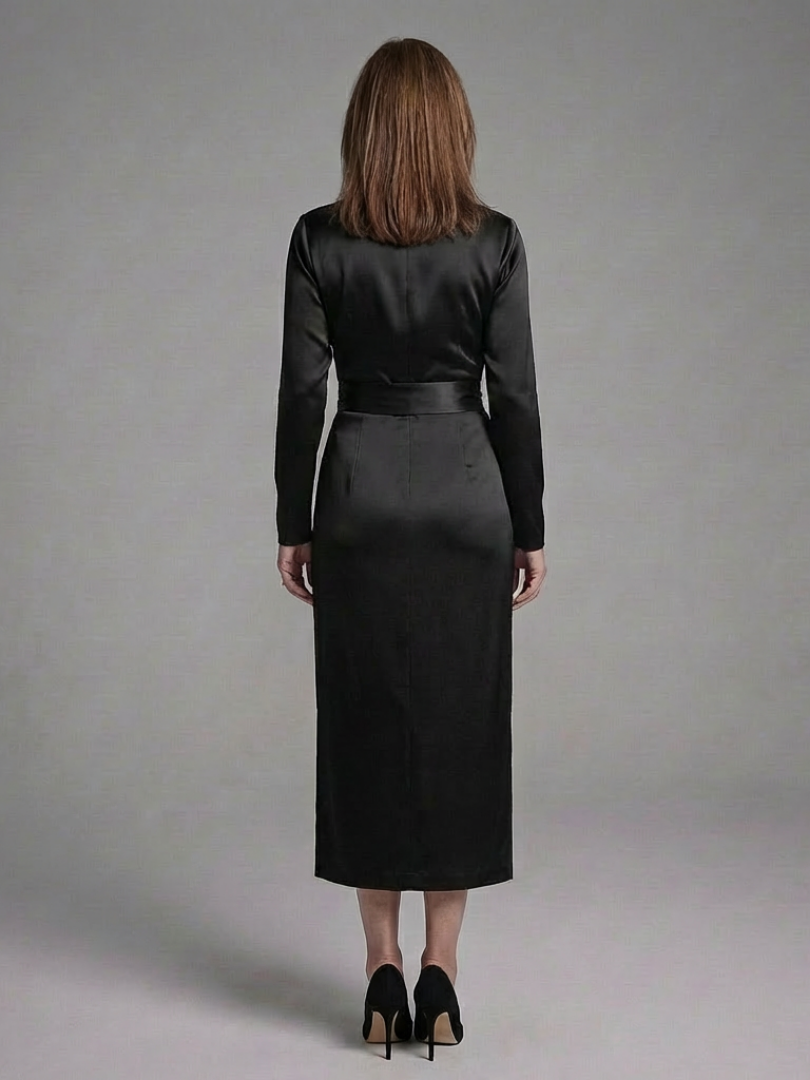 V-Neck Satin Long Sleeve Tie Waist Wrap Midi Dress 3