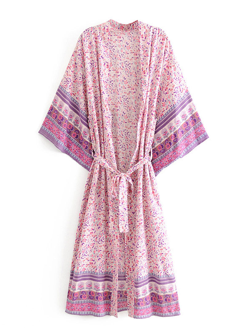Ditsy Floral Print Wide Sleeve Bordered Long Kimono Robe