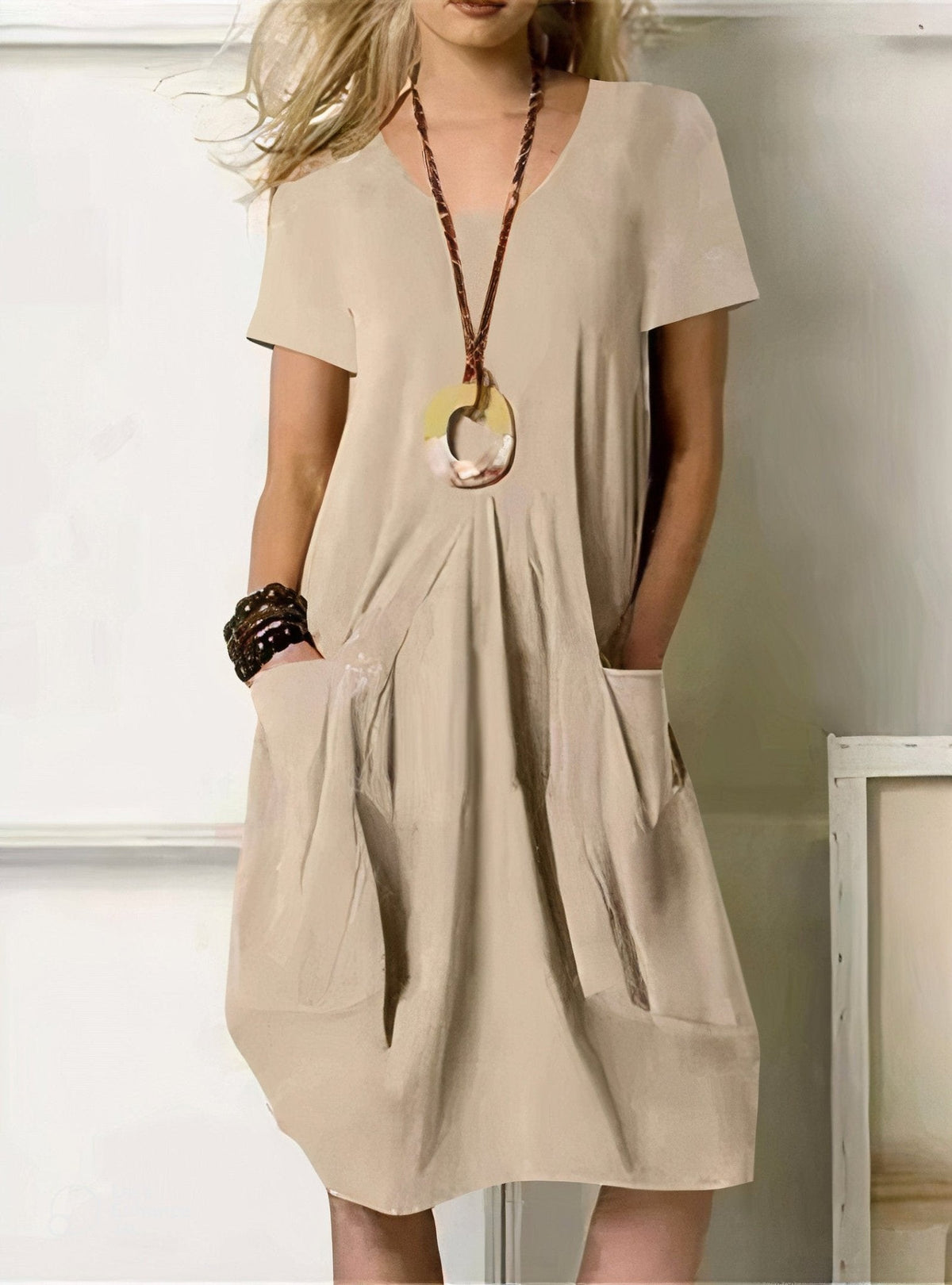 V-Neck Short Sleeve Pocket Cocoon Midi Dress 4