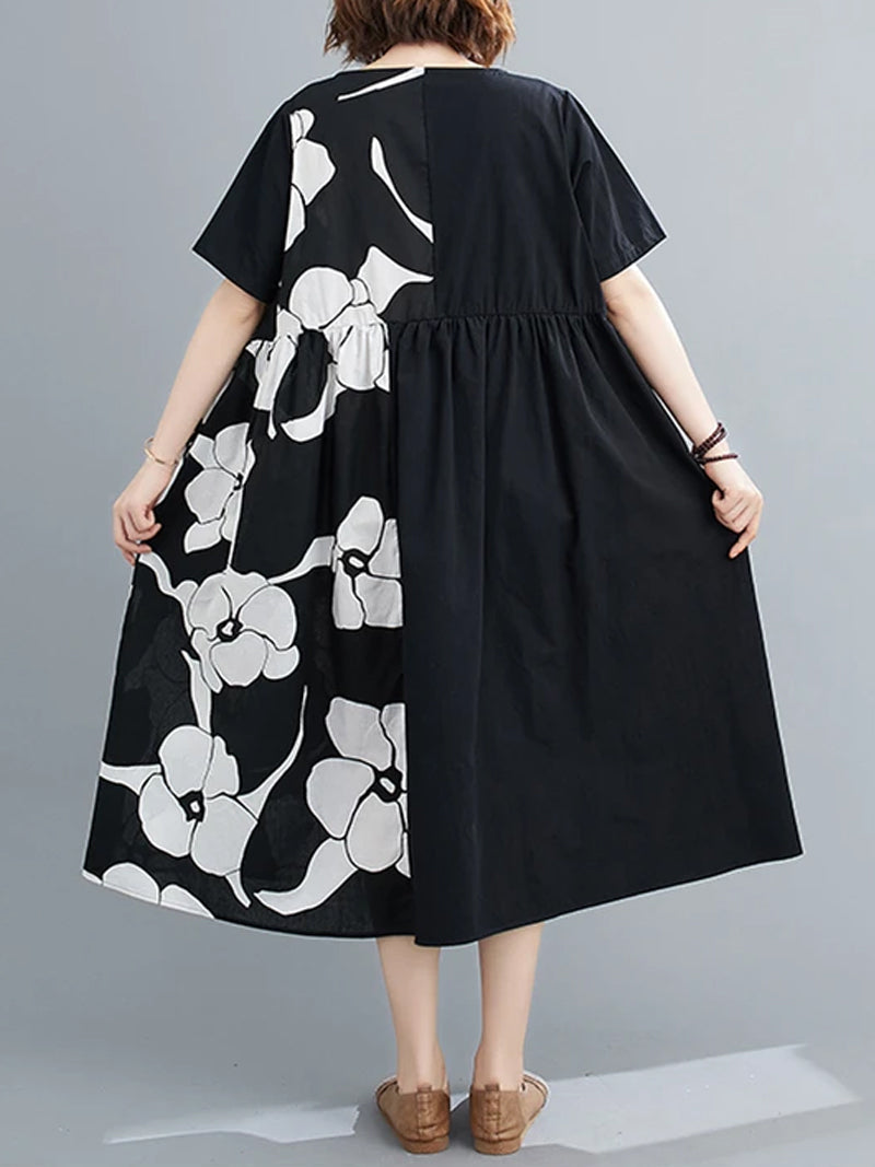 Black Round Neck Floral Print Smock Pocket A-Line Midi Dress