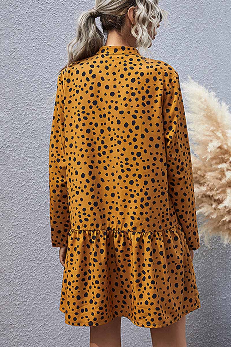 Spot Print Button Front Roll Tab Sleeve Tiered Ruffle Hem Shirt Mini Dress 2