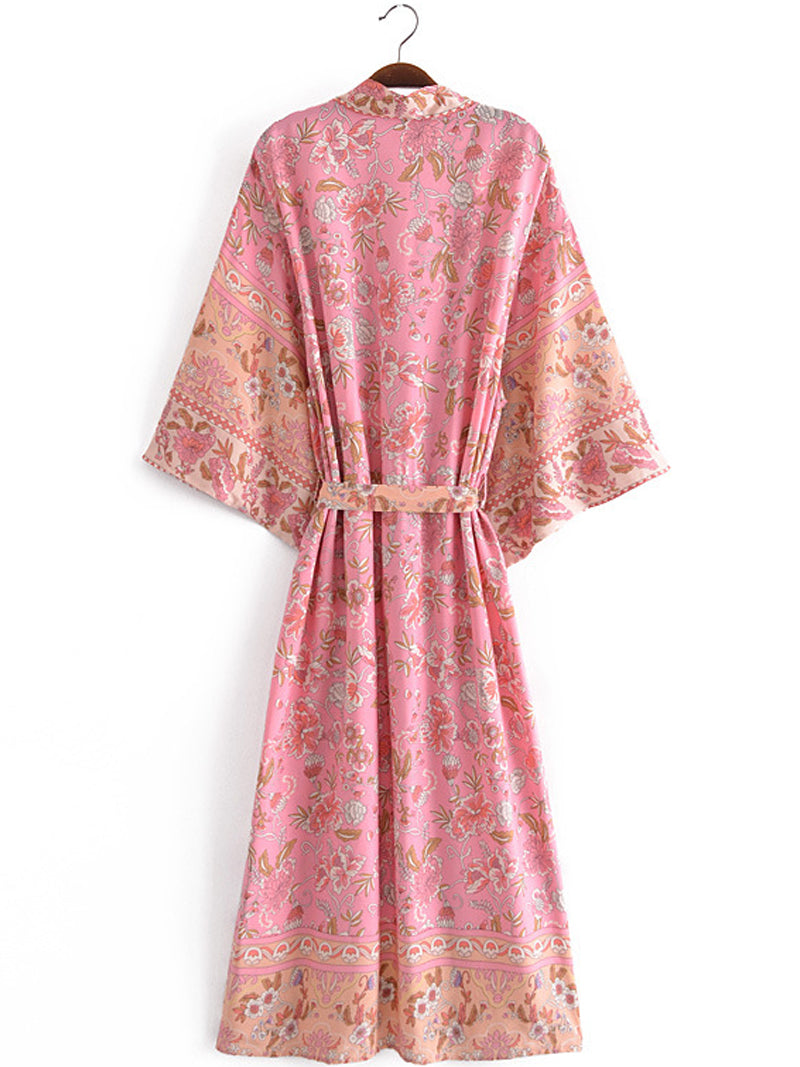 Pink Floral Print Tie Waist Long Flare Sleeve Kimono Robe 2
