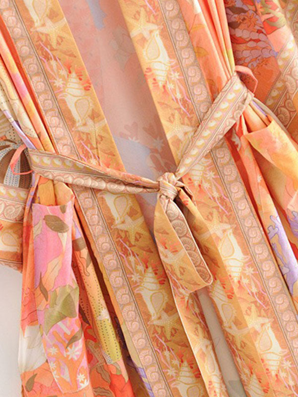 Orange Shawl Collar Floral Crane Print Belted Long Kimono Robe 5