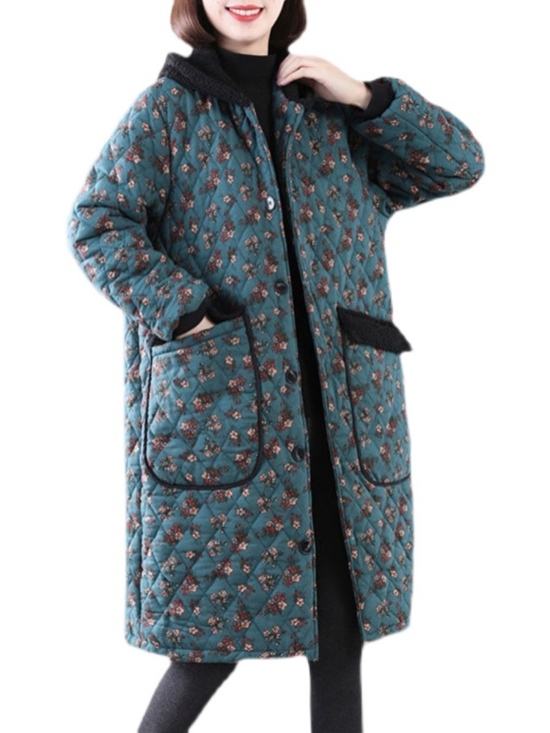 Stand Collar Floral Print Quilted Pocket Button Longline Coat 3