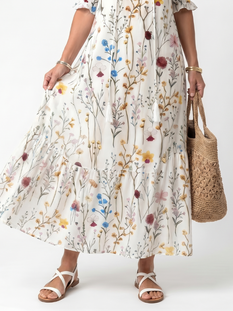White Tie Neck Floral Print Ruffle Sleeve A-Line Maxi Dress 3