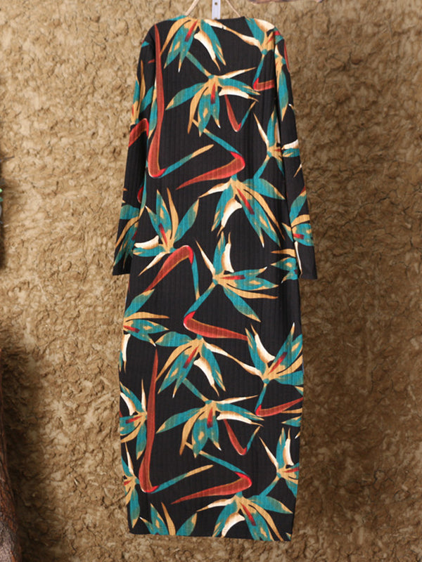 Black V-Neck Leaf Print Long Sleeve Loose Straight Maxi Dress 2