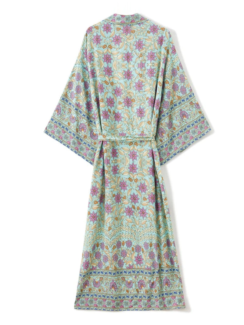 Green Floral Print Bohemian Belted Long Kimono Robe 2