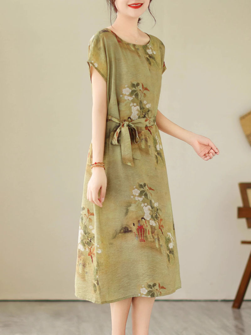 Boat Neck Cap Sleeve Floral Print Tie Waist Loose Midi Dress 2