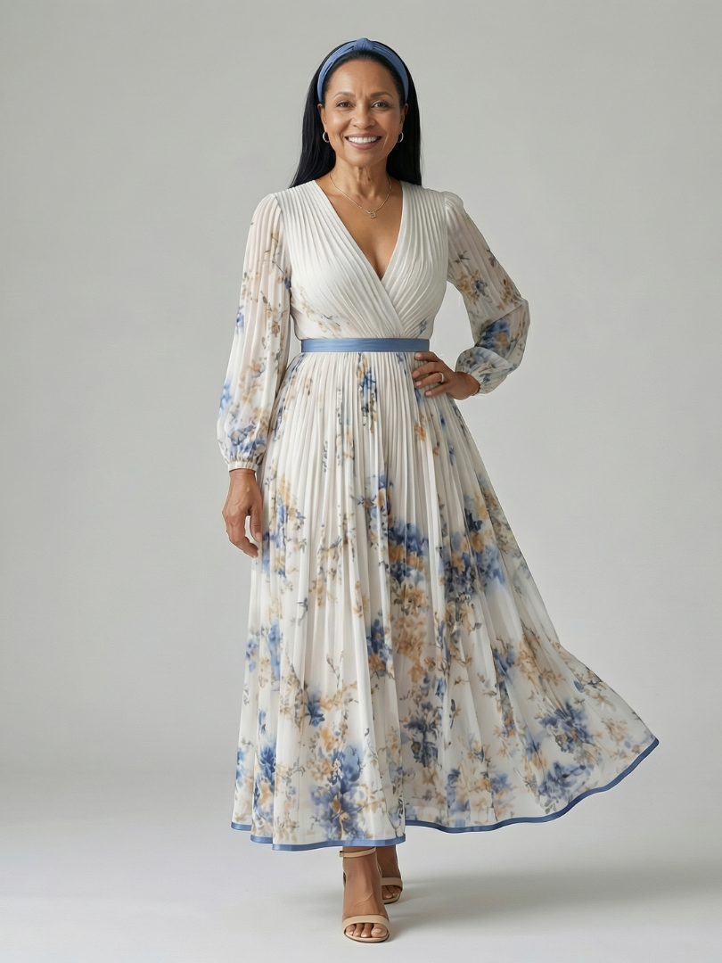 White Surplice V-Neck Floral Pleated Long Sleeve A-Line Maxi Dress 2