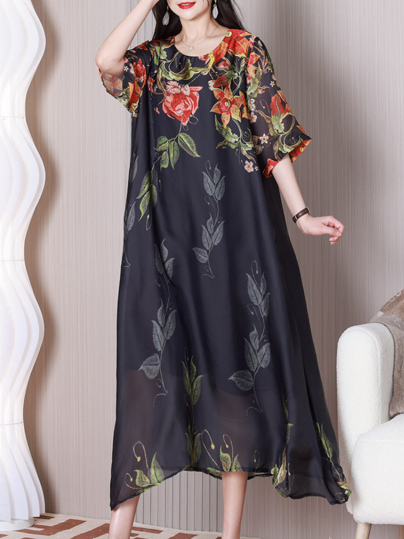Round Neck Floral Flutter Sleeve Chiffon A-Line Maxi Dress 2