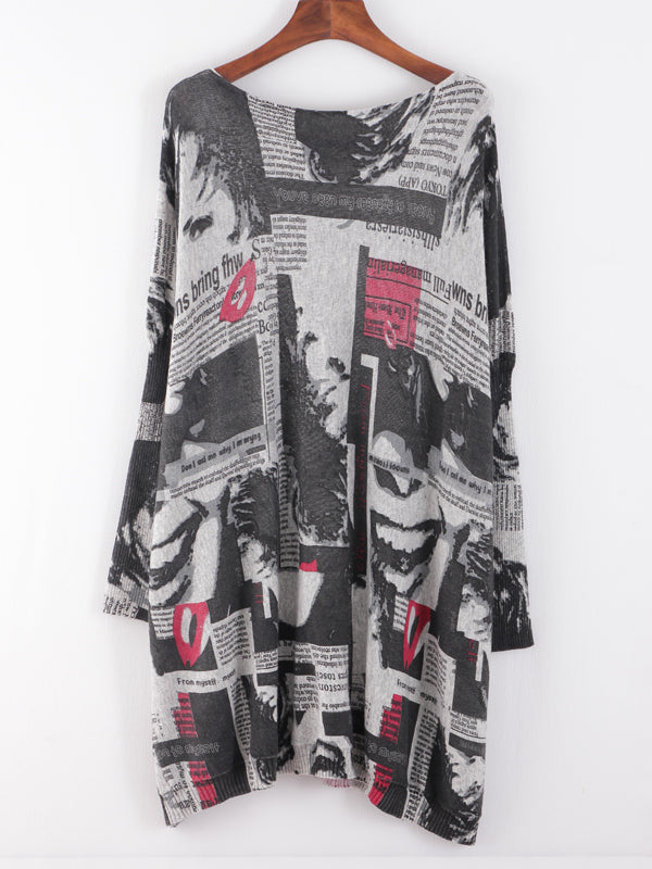 Boat Neck Batwing Sleeve Newspaper Print Oversized Knit Sweater 8
