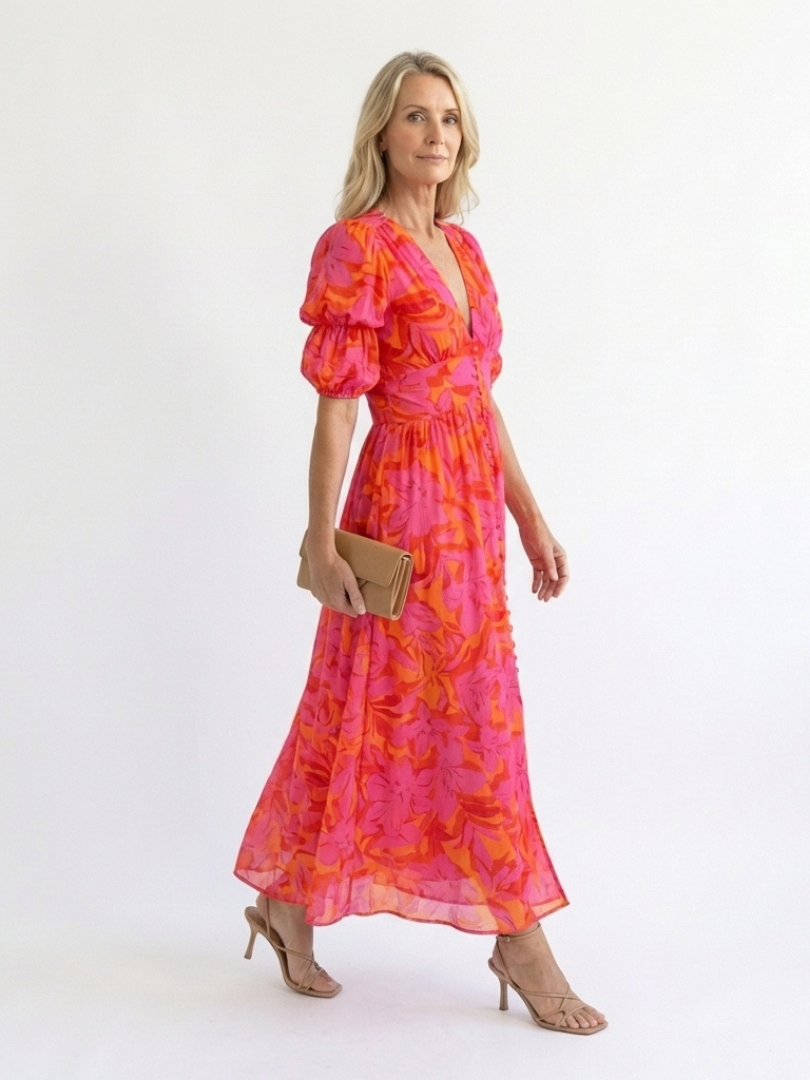 Pink V-Neck Floral Print Tiered Puff Sleeve Button Front Maxi Dress 3