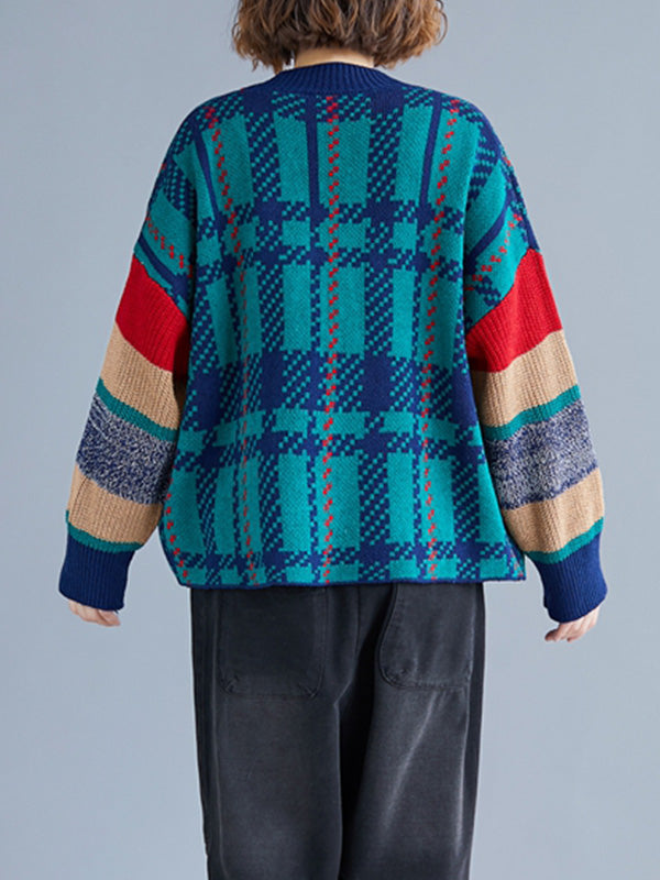Green V-Neck Button Front Plaid Knit Striped Sleeve Cardigan