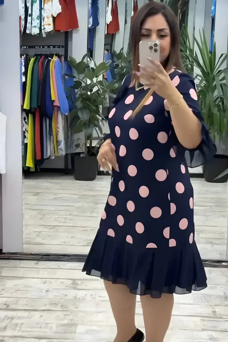 Round Neck Flare Sleeve Polka Dot Ruffle Hem Shift Midi Dress 3