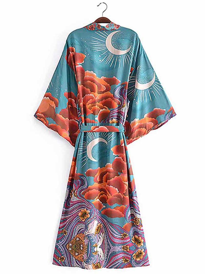 Green Celestial Moon Print Belted Long Length Kimono Robe