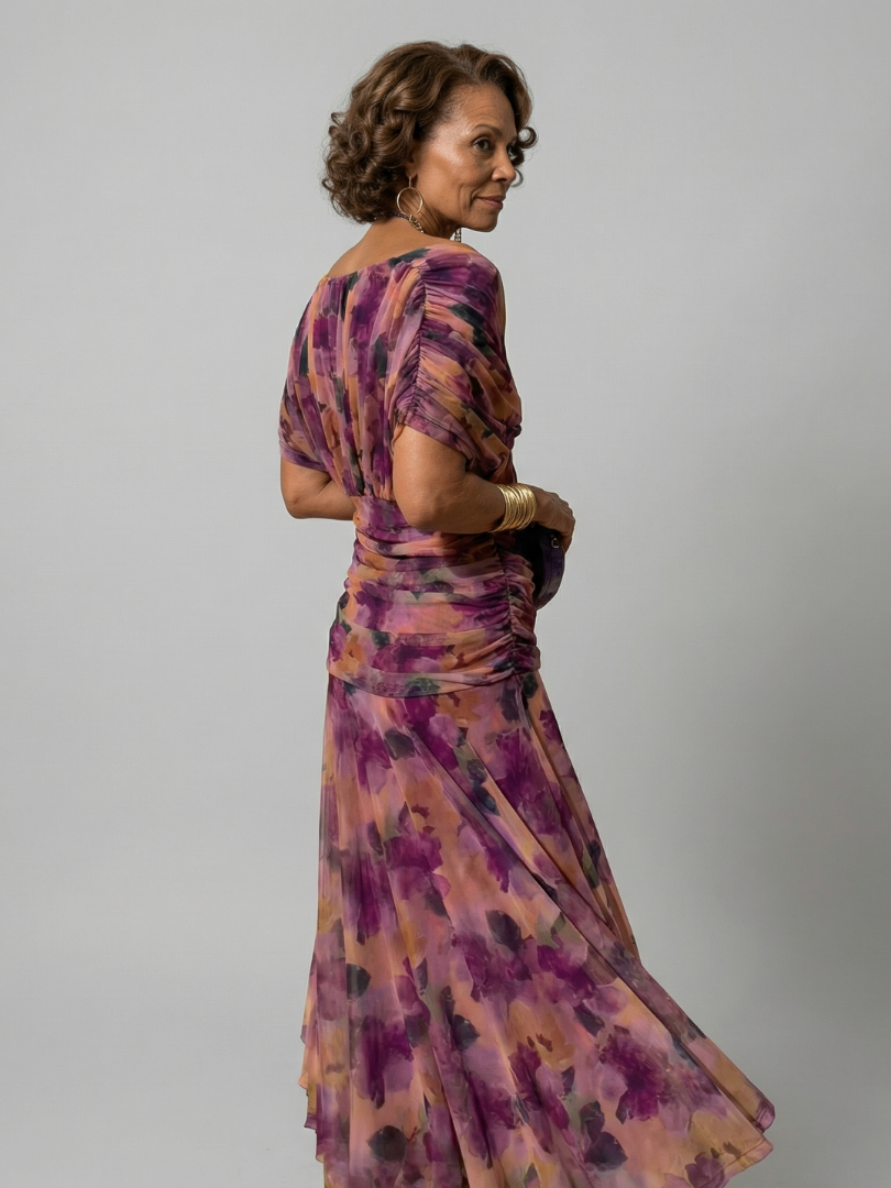 Off-Shoulder Draped Floral Chiffon Ruched A-Line Maxi Dress 3