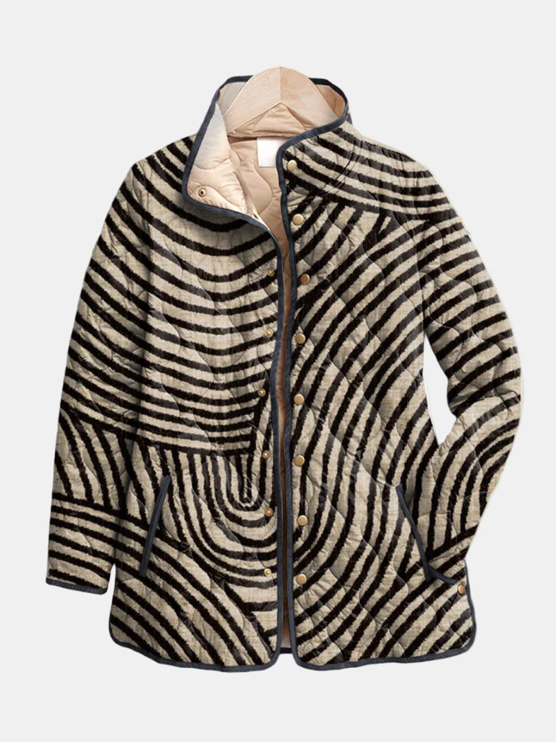 Multicolor Stand Collar Swirl Print Quilted Button Jacket