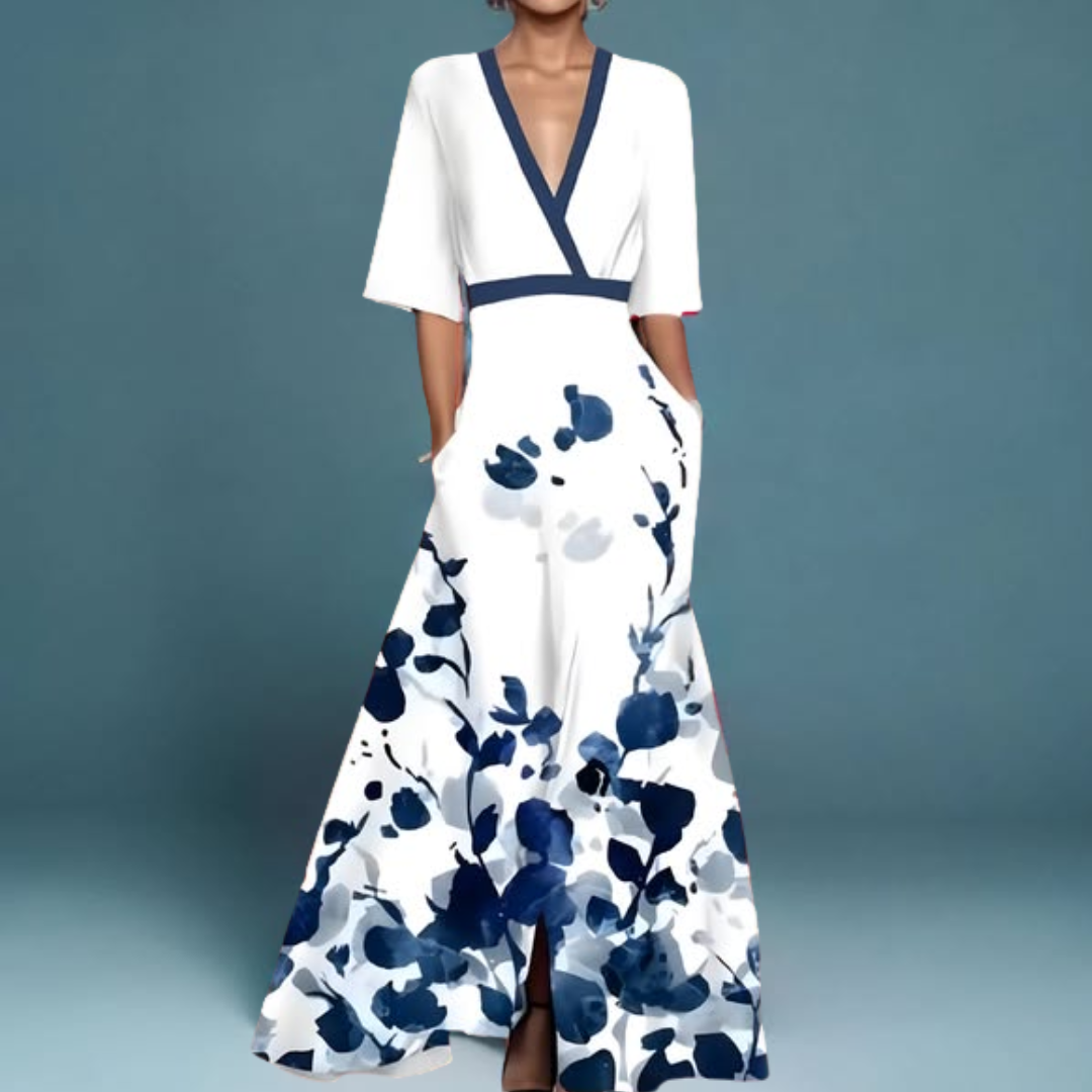 Deep V-Neck Floral Print Half Sleeve A-Line Maxi Dress 3