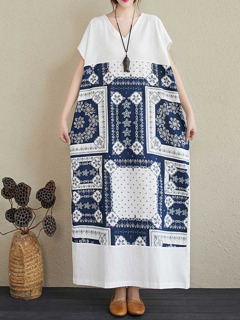 White V-Neck Patchwork Paisley Print Short Sleeve Loose Cotton Maxi Dress