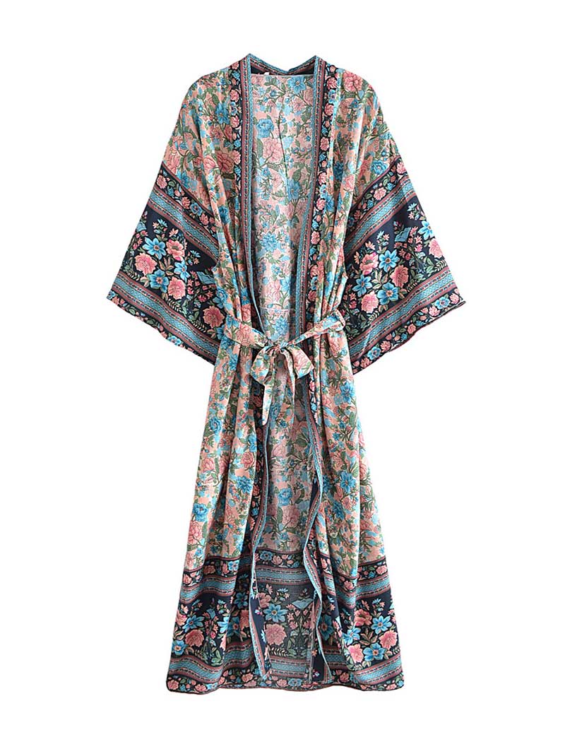 Floral Print Wide Sleeve Tie Waist Long Kimono Robe