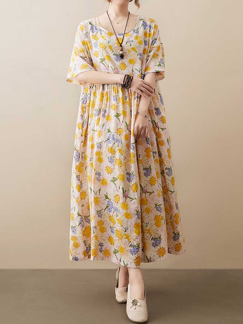 Yellow Round Neck Daisy Floral Short Sleeve Pleated Loose Maxi Dress 4