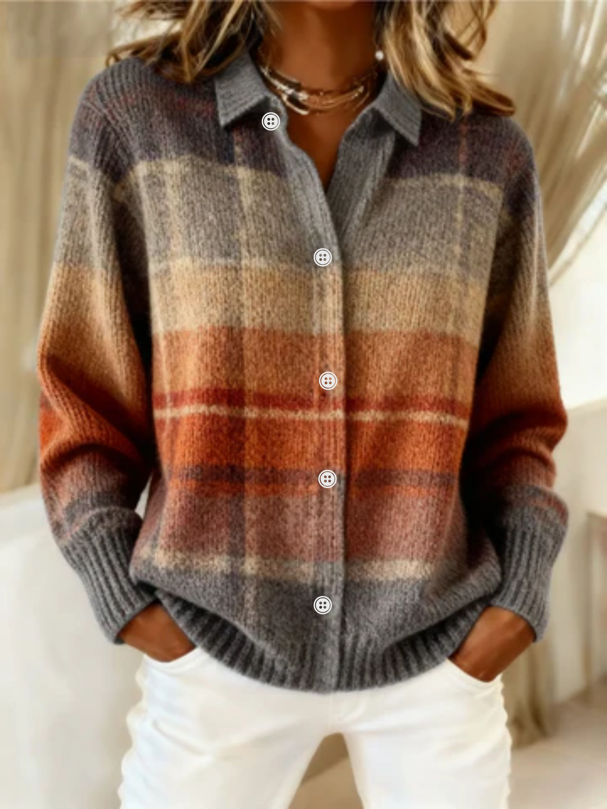 Multicolored Collared Marled Plaid Knit Button-Front Long Sleeve Shirt