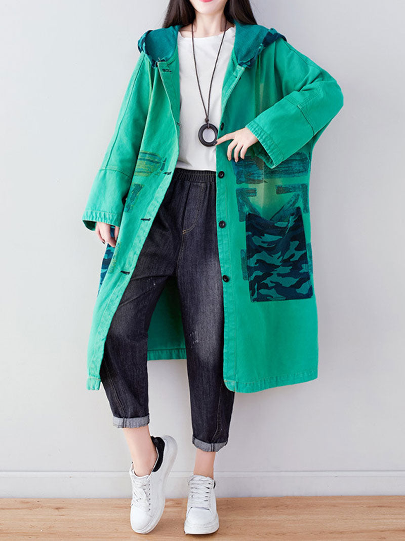 Hooded Graffiti Print Patch Pocket Long Denim Coat 11